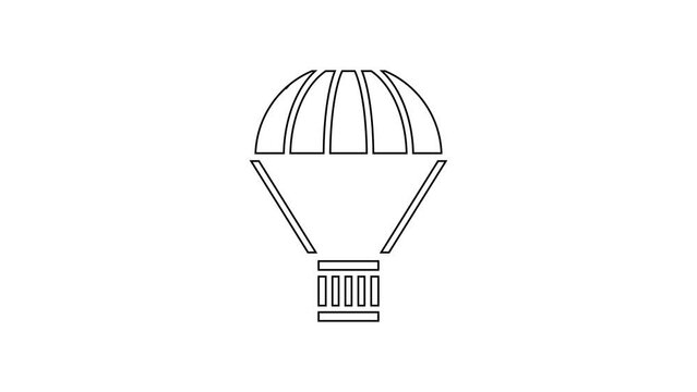 Black line Box flying on parachute icon isolated on white background. Parcel with parachute for shipping. Delivery service, air shipping. 4K Video motion graphic animation