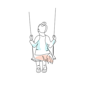 Vector illustration of a little girl swinging on a swing drawn in line art style