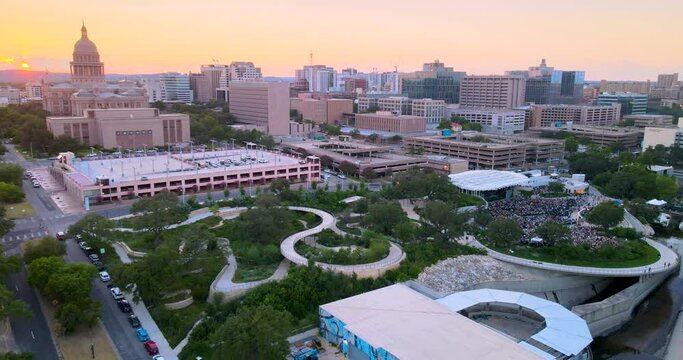 Sunset in Austin, Texas near Capital building and Waterloo Park. Birds eye view from top looking up.