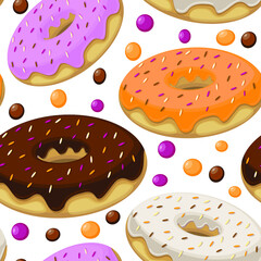 Pattern of colored donuts on a white background, vector illustration.