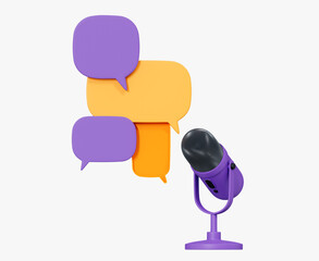 3D Podcast recording. Audio streaming with microphone. Online radio with speech bubble messages. Broadcast announcement. Cartoon creative design illustration isolated on white background. 3D Rendering