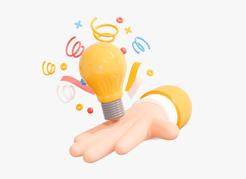 3D Hand holding Lightbulb with confetti. Creativity business idea or solution. Success in work. New innovation concept. Cartoon creative design icon isolated on white background. 3D Rendering