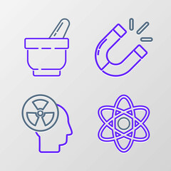 Set line Atom, Human head and a radiation, Magnet and Mortar pestle icon. Vector