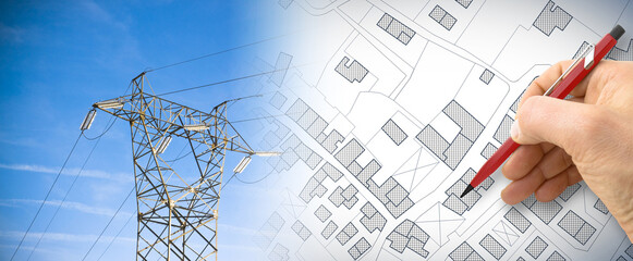 Electricity distribution in cities - concept with city map and electricity pylon