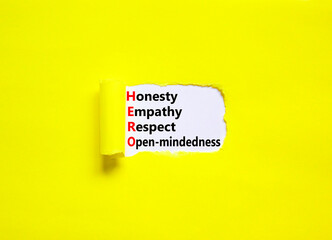 HERO honesty empathy respect open-mindedness symbol. Concept words HERO honesty empathy respect...