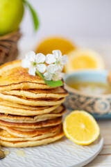Pancakes with honey, lemon and apple