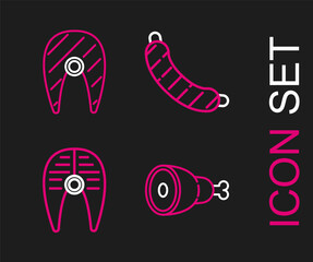 Set line Chicken leg, Fish steak, Sausage and icon. Vector