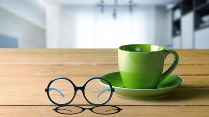 A cup of coffee with glasses. Stay home and relaxing concept.