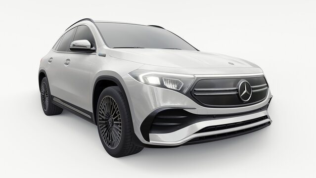Berlin. Germany. June 12, 2022. White Mercedes-Benz EQA 2022. 3d model of a family innovative electric SUV car on a white background. 3d rendering.