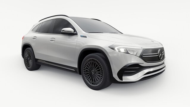 Berlin. Germany. June 12, 2022. White Mercedes-Benz EQA 2022. 3d model of a family innovative electric SUV car on a white background. 3d rendering.