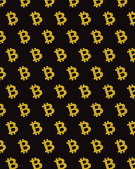 Bitcoin Seamless Pattern. Digital Currency. Fintech Blockchain. Gold coin on a black  Background.