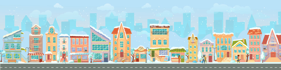 City street. Panoramic cityscape with bright houses, walking pedestrians, snow. Shop and stores. Winter city. Vector illustration in cartoon style.