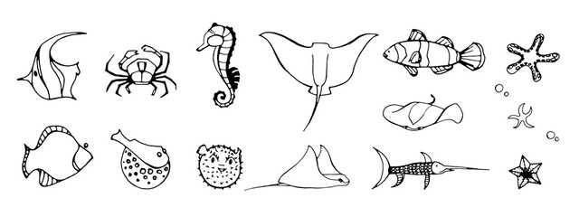 Set of fish and marine inhabitants. starfish, seahorse, manta ray, kingfisher, crab, puffer fish. Vector illustration. Vector coloring elements.