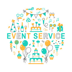 Event service circle concept on white background. Flat line color Birthday party holiday text frame for banner postcard design. Festive balloons cake muffin present confetti drinks vector illustration