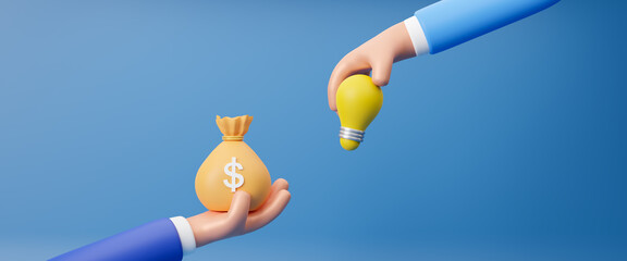 Idea pitching, fund raising and venture capital, smart businessman with lightbulb idea in his hand and money bag on other hand, innovation ideas and inspiration saving money to the future,3d rendering