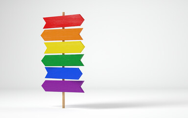 Wooden crossroads signpost with LGBT Rainbow Flag Colors