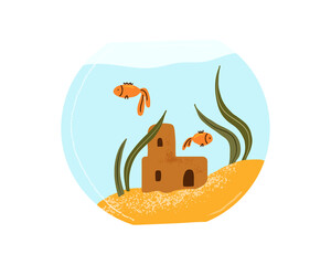 Aquarium with gold fishes swimming in water. Round glass fishbowl with algae, castle, sand. Home interior decor. Color flat vector illustration isolated on white background