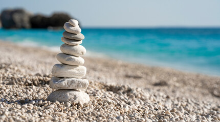 Fototapeta na wymiar Stacked stones on a beautiful white pebble beach in the Mediterranean