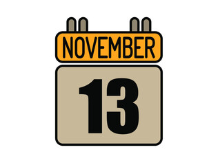 Day 13 November calendar icon. Calendar vector for November days isolated on white background.