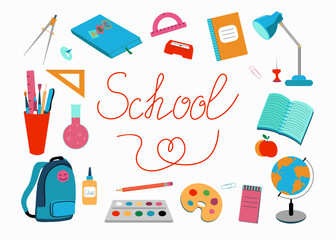 Lettering, school. Stationery, accessories for study. Education. Color vector illustration. The background is isolated.
