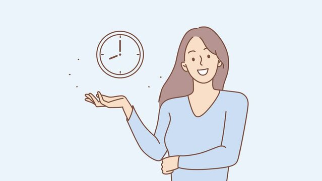Smiling woman showing at clock satisfied with time management at workplace. Happy female employee good at time organization. Motion, illustration. 