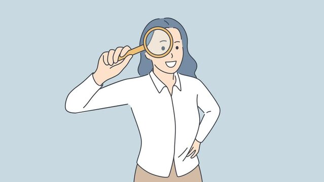 Smiling businesswoman holding magnifying glass looking for something. Happy woman with magnifier discover or investigate issue. Motion, illustration. 