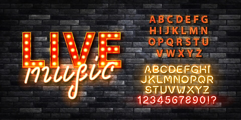 Vector realistic isolated retro marquee billboard with electric light lamps of Live Music logo with alphabet font on the wall background.