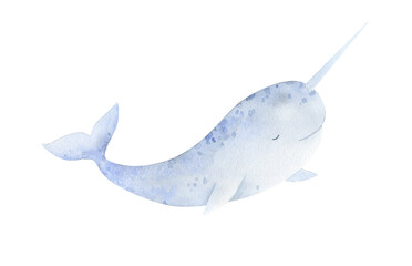 Watercolor narwhal illustration. Cute baby animal underwater graphics. Whale hand-drawn, sea animal, fish. Ocean children illustration © NastiaVik