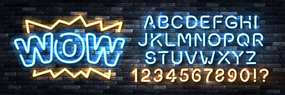 Vector realistic isolated neon sign of WOW logo with easy to change color font alphabet on the wall background.
