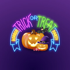 Vector 3d glowing Happy Halloween template for advertising design, Holiday greeting cards. Realistic pumpkins with a hat, a bat, a candy. on the background of the neon glow of the frame.