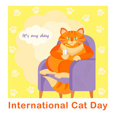 A cat sitting on a chair with a glass of milk - International Cat Day. Vector