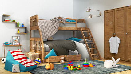 Children room with bunk bed, wardrobe, cozy rug, beanbag chair and lot of toys, 3d illustration - obrazy, fototapety, plakaty