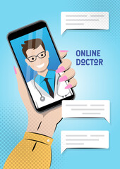 A smartphone screen with male doctor on chat