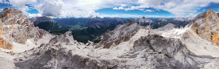 360 DEGREES PANORAMIC VIEW OF BEAUTIFUL DOLOMITES MOUNTAINS. ALPS, ITALY, EUROPE. DRONE SHOT.