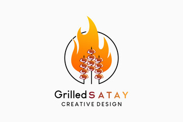 Grilled satay logo design with creative concept, satay icon and fire in a circle