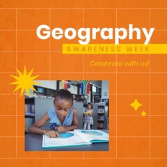 Square image of geography awareness week text with african american girl using atlas, on orange