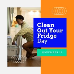 Square image of clean out fridge day text, with african american woman opening freezer drawer