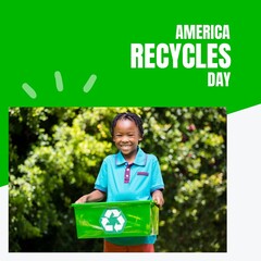 Square image of america recycles day text, with smiling african american girl holding recycling box