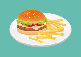 Hamburger and French fries on white plate. Vector cartoon illustration of fast food.