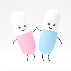 Obraz premium Two vitamin capsules cute cartoon character and structure. Pills capsules complex shaped mascot for pharmacy children's clinic. Healthcare and medicine care concept. 3D render.