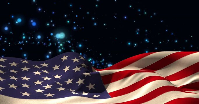 Animation of waving usa flag and glowing spots over dark background