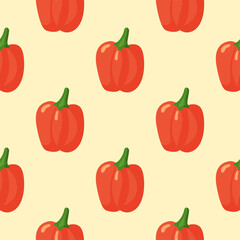 Seamless food pattern of bell pepper on yellow background. Backdrop for wallpaper, print, textile, fabric, wrapping. Vector illustration