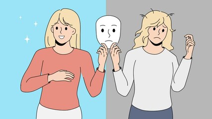 Woman holding mask suffer from mood swings. Happy and unhappy female struggle with bipolar disorder. Mental healthcare. Illustration, motion. 