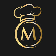 Initial Letter M Restaurant Logo Template. Restaurant Logo Concept with Chef Hat Symbol Vector Sign