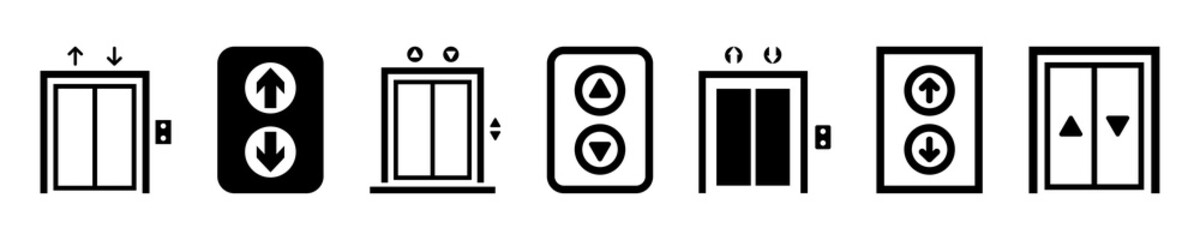 Set of elevator vector icons on white background. Black lift buttons. Service for person.