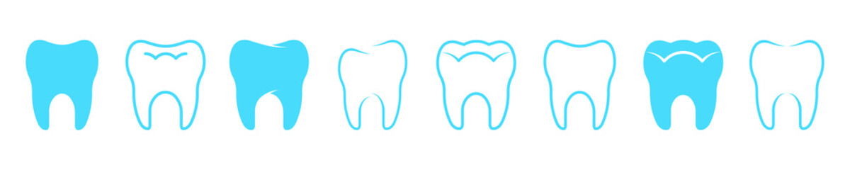 Set of tooth vector icons. Blue teeth icons. Dentistry symbol. Dental design. Healthy and clean tooth.