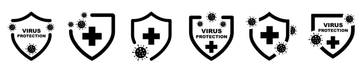 Set of protection virus vector icons. Shield and bacteria. Symbol defense from flu and virus. Protect immune system. Vector 10 eps.