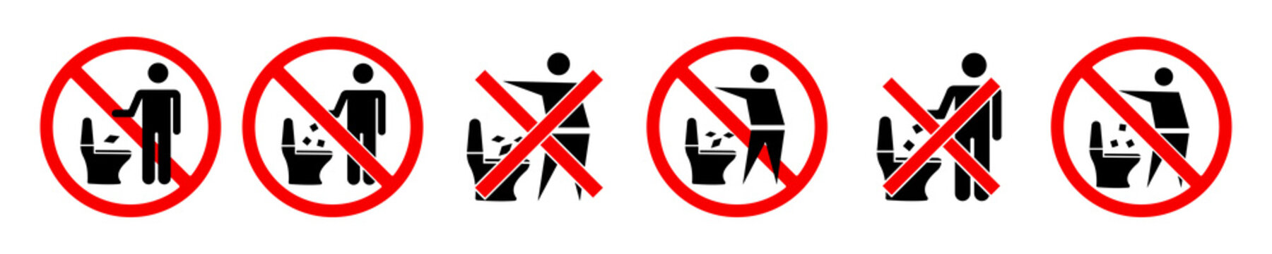 No throw paper or trash on toilet. Set of no toilet littering vector stickers. Prohibition, forbidden and warning signs for WC. Rule for WC.