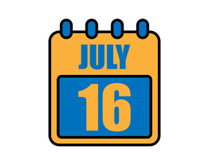 16 July calendar. July calendar icon in blue and orange. Vector Calendar Page Isolated on White Background.