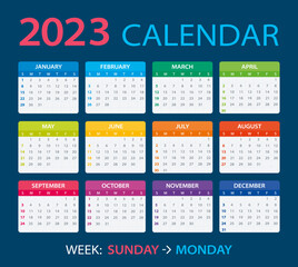 2023 calendar - Sunday to Monday - template vector